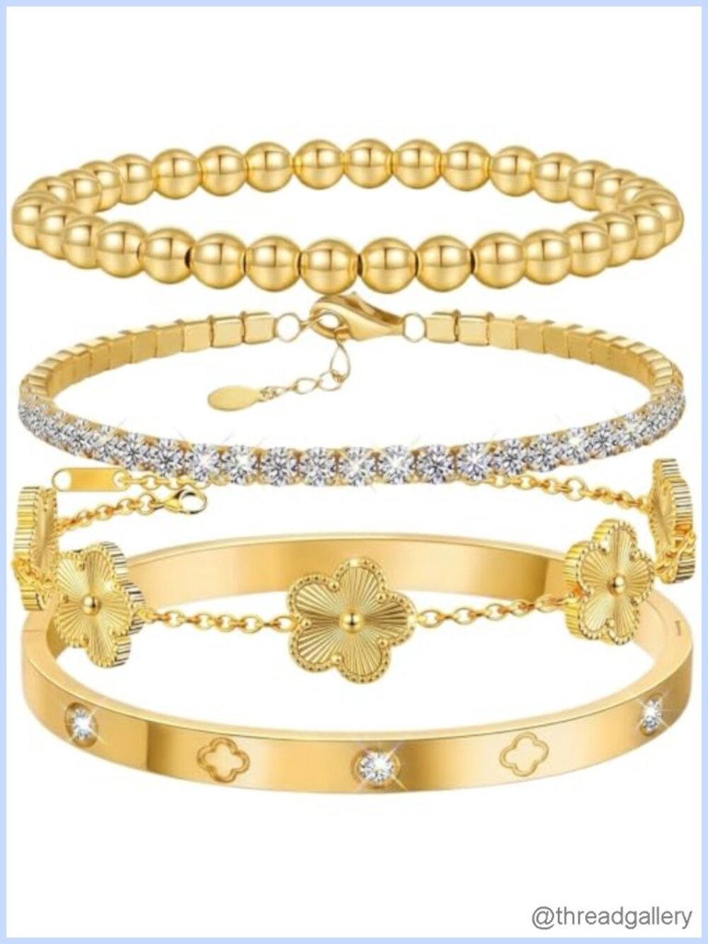18K Gold Plated Four Leaf Clover Bracelet Set Women 4 Piece